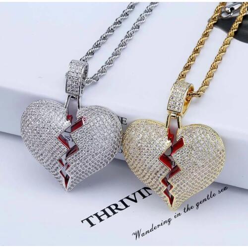 MOORES Iced out jewelry CZ broken red heart men women necklaces Statement cold color cubic zircon necklace mens jewelry gift