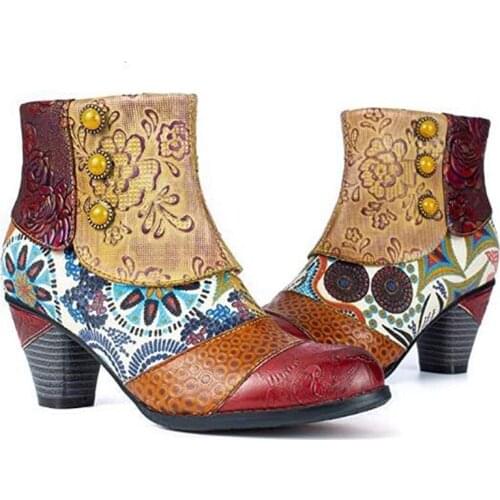2020 New Martin Ladies PU Plush High Heel Patchwork Folk Custom Round Toe Winter Female Printed Short Boots