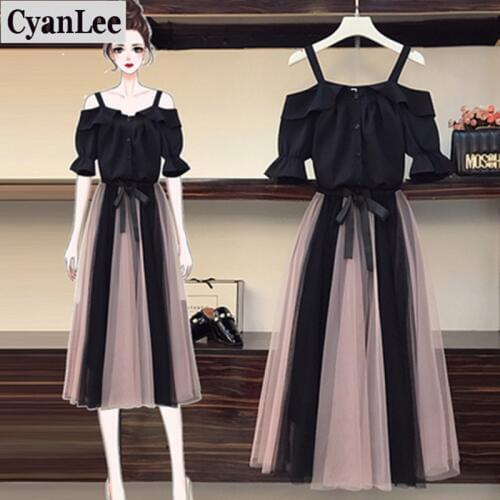 Elegant Two Piece Set Womens Sexy Shoulder Blouse Casual Mesh Drawstring Waist Long Skirt New Summer Girls Sweet Skirts Suit