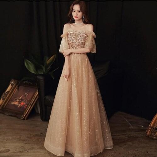 Elegant Off Shoulder A-line Long Prom Gown For Prom Party Luxury Handmade Beading Sequins Tulle Women Formal Evening Dresses