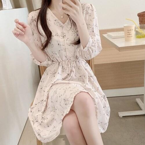 V-neck Dress Women Summer 2021 New Floral Women Dress Short Sleeve Drawstring Elegant Party Dresses Women Robe Vestidos 10100