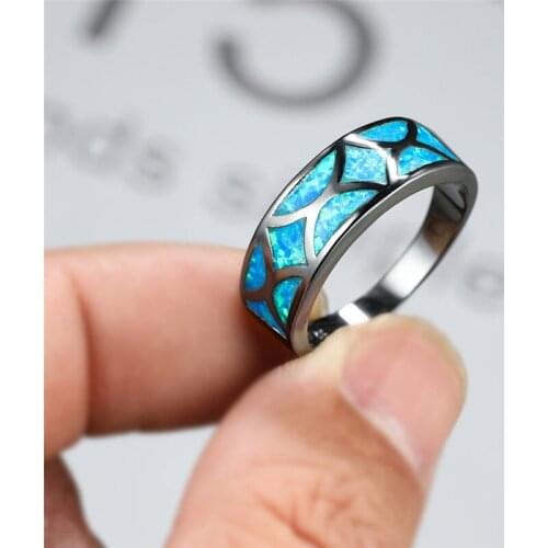 Female Fashion Promise Love Engagement Ring Boho Blue White Fire Opal Ring Vintage 14KT Black Gold Cross Wedding Rings For Women