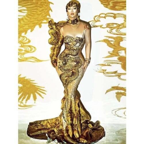 Gold Dragon Printed Prom Dress Singer Stage Costume Dj Nightclub Evening Party Show Crystal Tail Dress Festival Clothing VDB3093