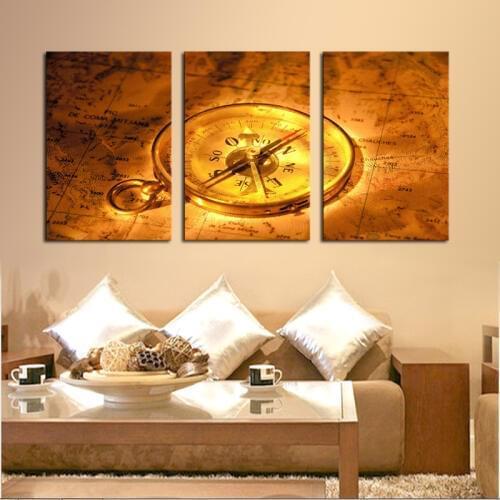 3 Piece Golden Clock Map Still Life Wall Painting Home Living Room Wall Decoration Print Picture Canvas Unframed