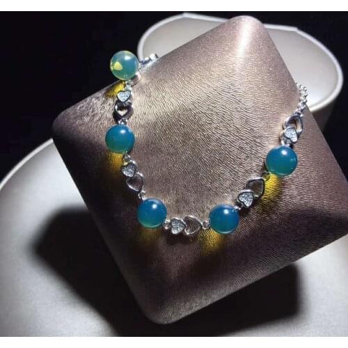 Natural 925 sterling silver inlaid blue amber round beads bracelets for women men amber bracelet bracelet