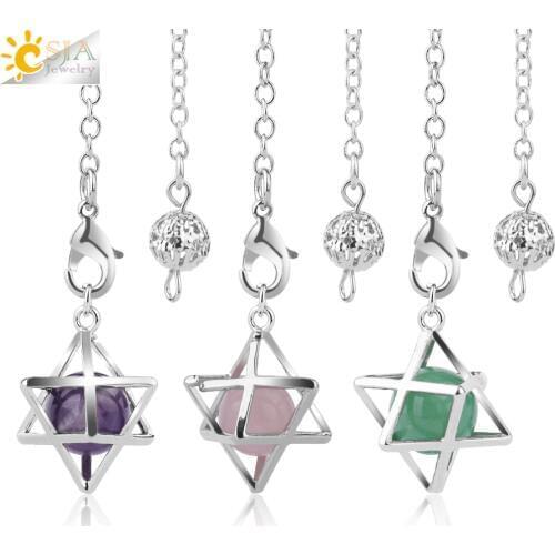 CSJA Reiki Natural Stone Merkaba Pendulum for Wicca Drowsing Hexagram Pendule Round Crystal Quartz Beads Pendants Jewellery F975