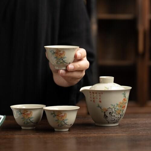 Retro green grass ash quick guest cup 1pot 3cups Japanese ceramic kung fu tea set portable travel