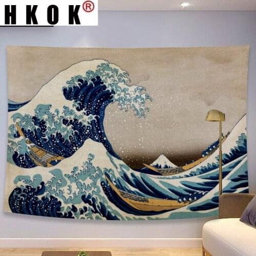 HKOK Great Wave of Kanagawa Tapestry Wall Hanging Mural Background Wall Rugs Beach Towel Fabric Blanket Dorm Living Home Decor