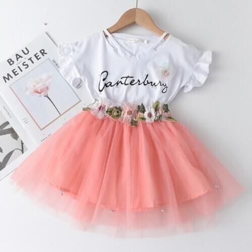 Girl Set Kids Suits 2021 New Summer Sleeves Applique Clothes + Embroidery Pearl Mesh Dress Children Bubble Clothing Sets 3-7T