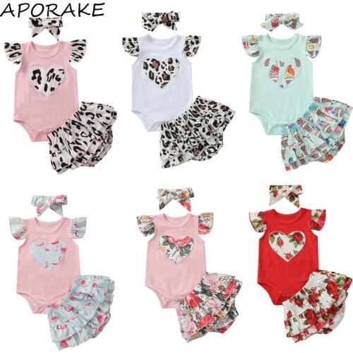 2021 0-18M Infant Girl Clothing Set Hearts Fly Sleeve O Neck Romper Top+Leopard Layered Tutu Shorts Skrit+Headband Summer 3pcs