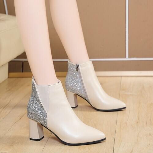 Leather High heel Chunky Short boot for Female 2021 New Womens Shoes Autumn Beige black Boots Sequins side Zippers Boots 34-41
