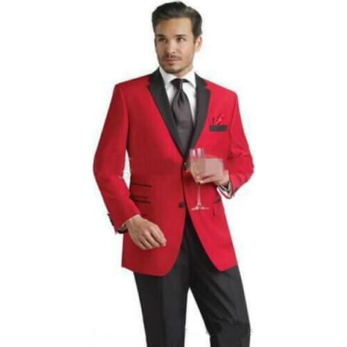 Two Buttons Red Groom Tuxedos Black Notch Lapel Best Man Groomsmen Men Wedding Suits (Jacket+Pants+Girdle+Tie)
