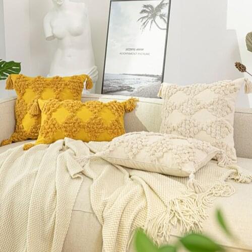 Moroccan Style Cushion Cover Mustard Yellow Beige Pillow Cover Tassels Home Decoration Handmade 45x45cm/30x50cm For Sofa Bed