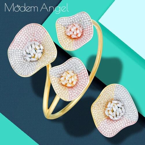 ModemAngel Luxury Lotus Leaf AAA Cubic Zirconia Copper Geometry Party Wedding Saudi Arabic Dubai Bangle Ring Set