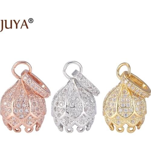 JUYA Trendy Jewelry Bijoux Zircon Lotus Flower Charms Pendant For Bracelets & Necklaces Diy Copper Micro Pave Clasp Wholesale