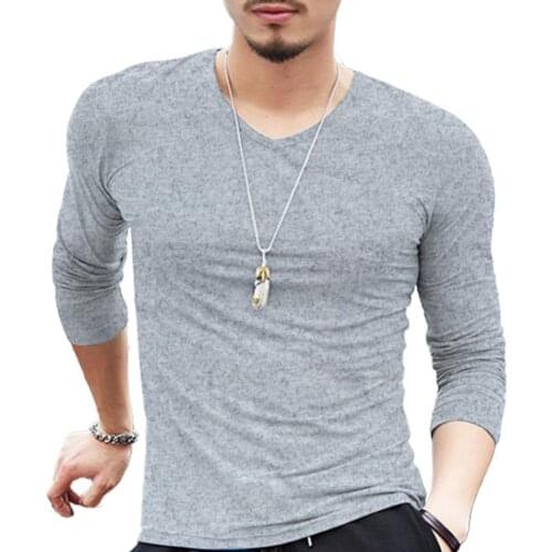 Long Sleeve Slim Fitted Men T-shirt Shrink-resistant Solid Color V Neck Bottoming Shirt Pullover Top Basic shirt Plus Size 3XL