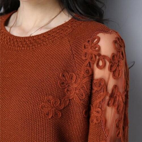 Lace Hollow Stitching Pullover Sweater Women Spring And Autumn Loose Round Neck Long-Sleeved Outer Wear Mothers Knit Sweater