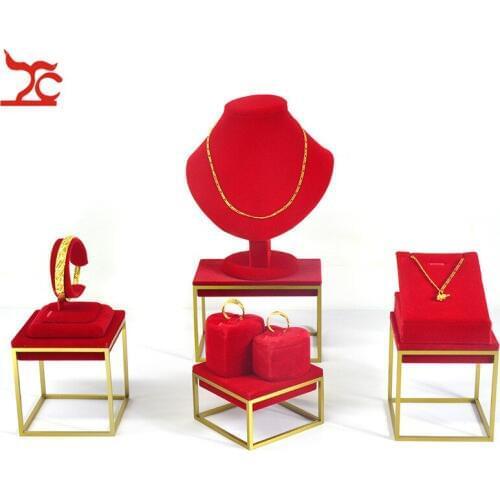 Lux Stainless Steel Jewelry Display Rack Red Velvet Ring Bracelet Pendant Organizer Earring Watch Window Display Stand Set