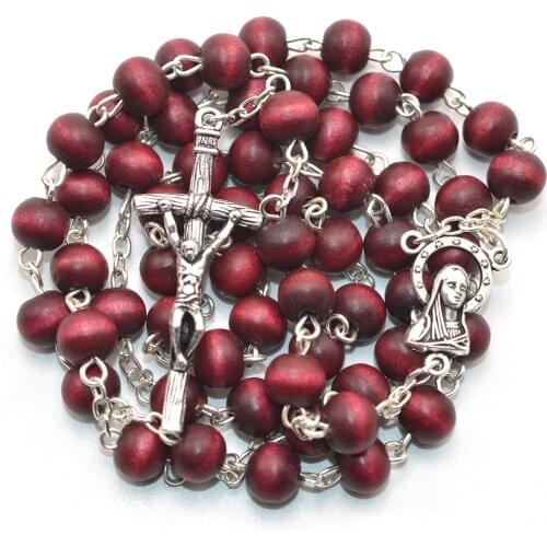 Rose scented catholic rosary round wood bead rosary with papa cross and madonna center