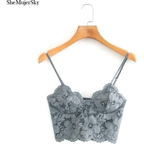 SheMujerSky Sexy Lace Spaghetti Strap Tops Corset Solid Color Bustier Top 2020 Cropped Top
