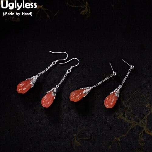 Uglyless Real Solid 925 Silver Handmade Jewelry Natural Gemstones Magnolia Flower Earrings for Women Elegant Red Agate Earrings