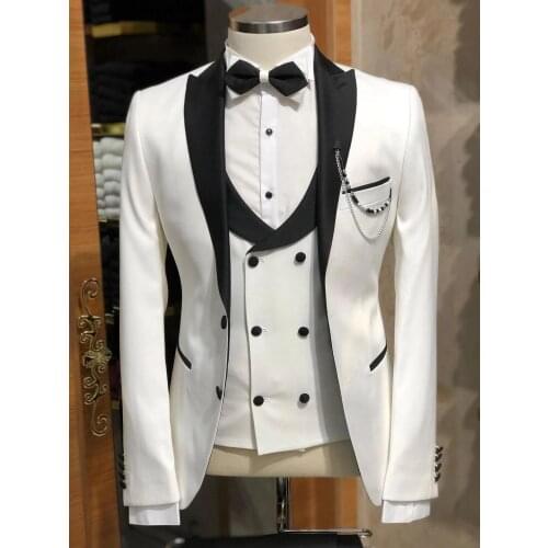 Custom Made Groomsmen White and Black Groom Tuxedos Peak Satin Lapel Men Suits Wedding Best Man ( Jacket+Pants+Vest+Tie ) C805