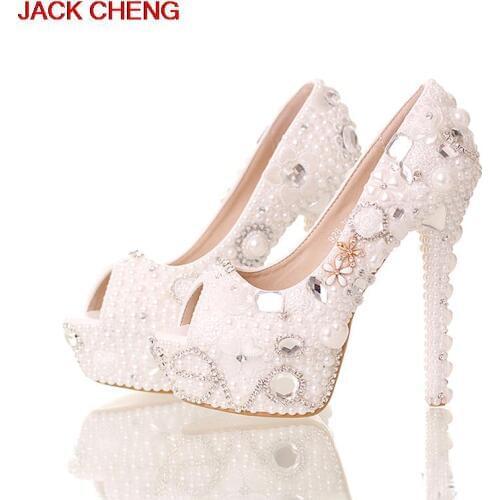 Handmade 14cm High Heels Platform Crystal Bride Formal Shoes Summer Peep Toe White Pearl Shoes Wedding Bridal Party Prom Pumps