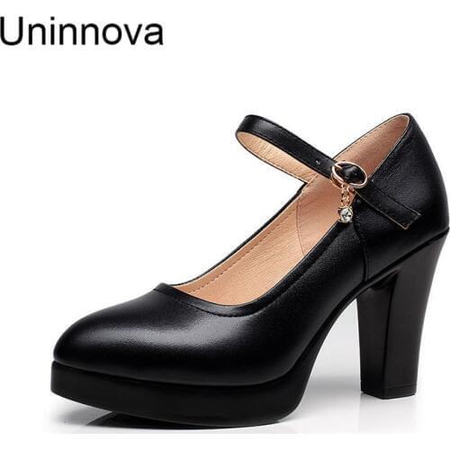 Women Mary Janes Platform Shoes Super High Heels Ankle Shallow Office Lady Black Work Business Pumps Uninnova WP047