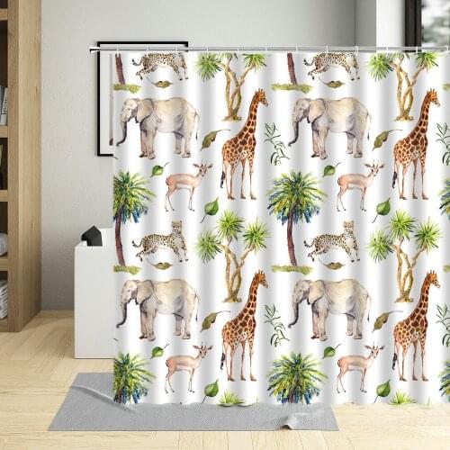 Wild Animals Palm Trees Shower Curtain Savannah Giraffe Elephant Cheetah Antelope Print Kids Waterproof Bathtub Decor With Hooks