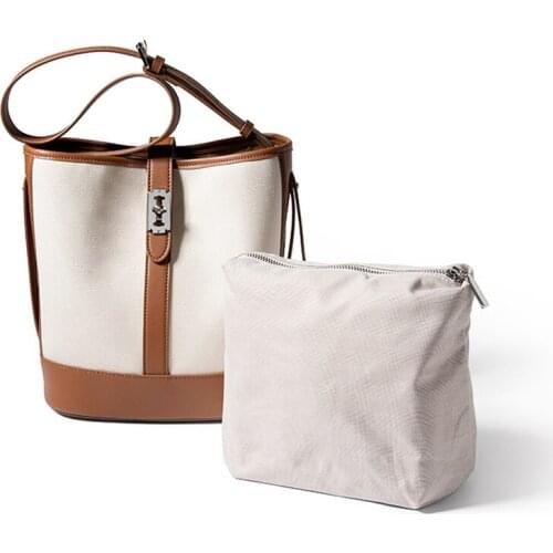 Bucket Bag Female 2021 New Summer Cowhide Canvas Stitching Messenger Bag Western Fashion Large-capacity Shoulder Bag Tide