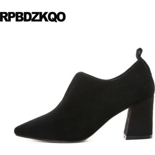 Pointed Toe Chunky Women Boots Winter 2021 Slip On Designer High Heel Genuine Leather Shoes Black Ankle Suede Sheepskin Booties