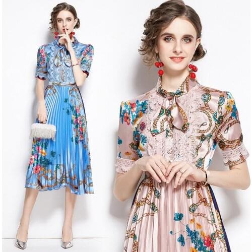 2021 New Women Dresses Party Night Office Lady A-LINE Draped Mid-Calf Women Dresses Bow Printing Elegant Blue Women Dresses
