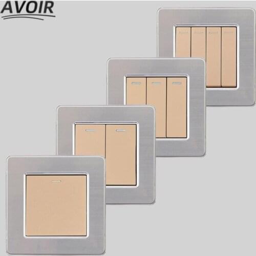 Avoir Classic Wall Light Switch Gold Stainless Steel Brushed Panel Frame 1 2 3 4 Gang 1 2 Way Push Button Switches For Home 220V