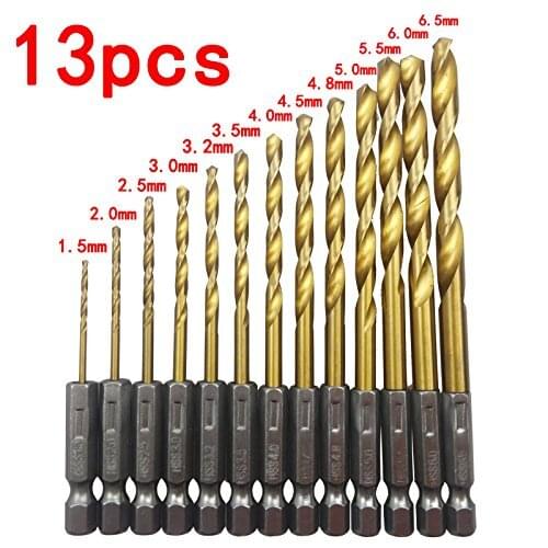 13PCS HSS High Speed Steel Coated Titanium Drill Impact Titanium Alloy Drill Set 1/4 Hex Shank 1.5-6.5 Mm Power Tool Accessories
