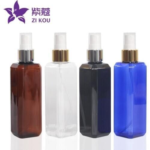 5pcs Free Shipping 100ml square plastic bottle with golden aluminum mist sprayer refillable bottle