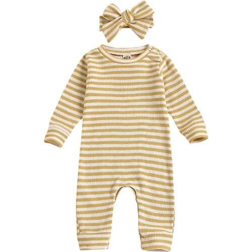 Newborn Baby Girls Boys Long Sleeve Romper Horizontal Stripe Printing Round Neck Ribbed Spring Autumn Cotton Clothing Jumpsuit