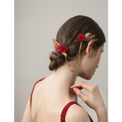 Red Floral Bridal Long Hair Comb Accessories Women Prom Head chain Wedding Hair Jewelry