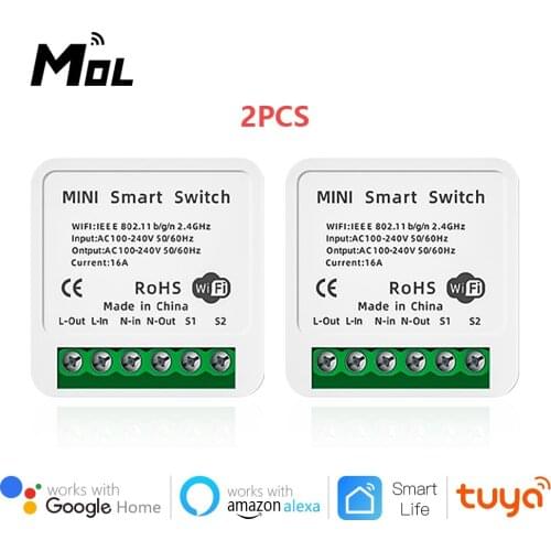 MOL 2PCS 16A Mini Smart Wifi DIY Switch Support 2 Way Control Smart Home Automation Module Works With Alexa Google Home