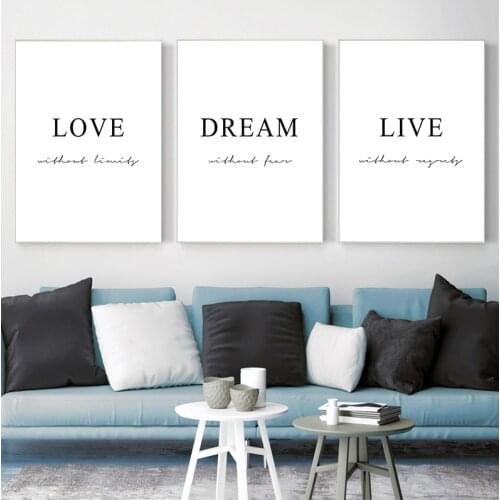 Dream Love Motivational Poster Black White Simple Quotes Canvas Wall Art Print Painting Minimalist Room Decoration Picture