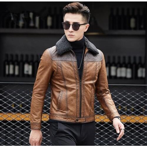 Genuine Leather Autumn Winter Jacket Motorcycle Sheepskin Coat for Men Korean Slim Lamb Fur Collar 2876 KJ840