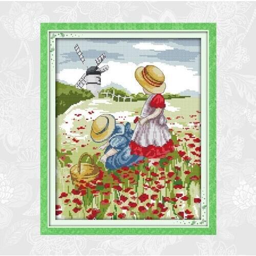 Joy sunday Poppy field Cross Stitch kits DMC Counted Printed Canvas Embroidery Sets DIY Handmade Needlework Crafts