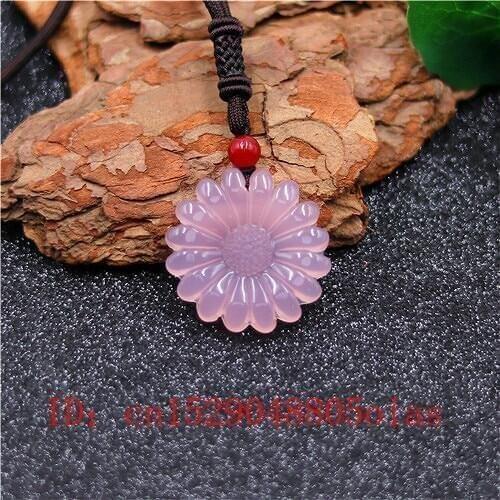 Natural Pink Chinese Jade Sun Flower Pendant Agate Necklace Fashion Charm Jewelry Carved Amulet Gifts for Women Men
