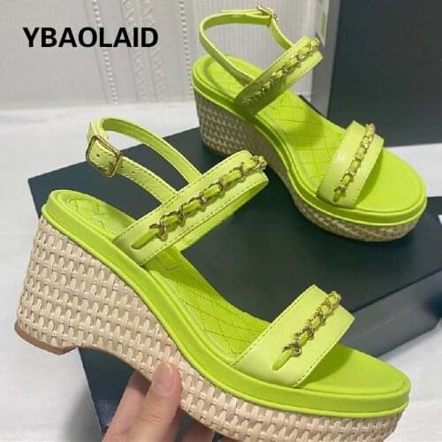 New Metal Chain Decoration Wedge Sandals Summer Fashion Woven Casual Leather Buckle All-match Party High-heel Sandals