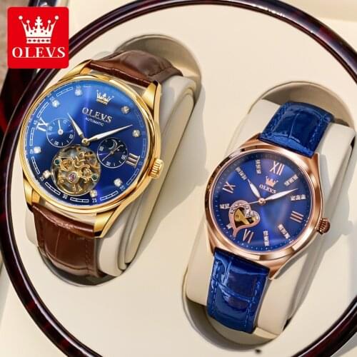 OLEVS 2021 Casual Ladies Mens Couple Mechanical Watches Fashion Brown Leather Couple Watches Ladies Waterproof Sports Watches