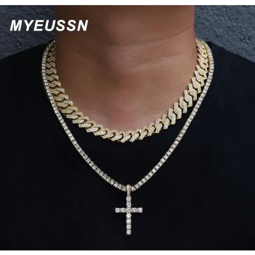 Popular Iced Out Cross Pendant Necklace Men Charm Miami Cuban Chain Necklace Set Women Cross Hip Hop Tennis Chain Jewellery Gift