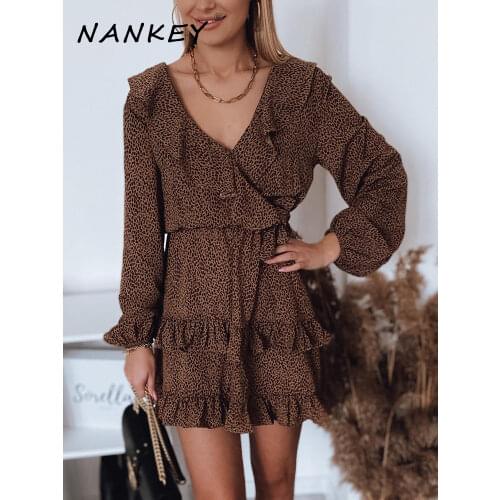 NANKEY Brown Leopard Print Women Spring Ruffles Dress 2021 Long Sleeves Deep V Neck A-Line Dress Sashes Boho Casual Mini Dress