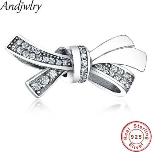 Fit Pandora Charms Bracelets 925 Sterling Silver Original Beads Bow Charm Clear CZ Charms DIY Beads Jewelry Making Berloque