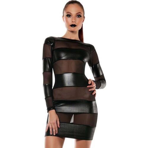 Sexy Women Wet look PVC Mesh Insert Bodycon Clubwear New Fashion Black Long Sleeve Vinyl Leather Dress Vestidos Kleid Robe Femme