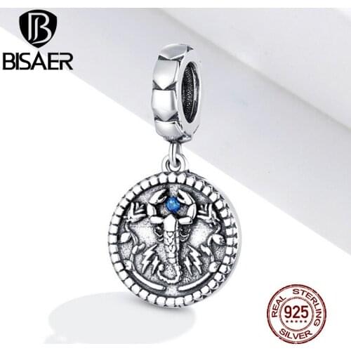 BISAER Vintage Scorpion Charm 925 Sterling Silver Blue Zircon Round Beads Pendant DIY Bracelets Necklace Jewelry ECC1503