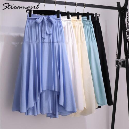 Summer Asymmetrical Skirt Women Bow Beach Long Skirts For Women Summer White High Waist Skirt With Bow Cotton Womans Long Skirts